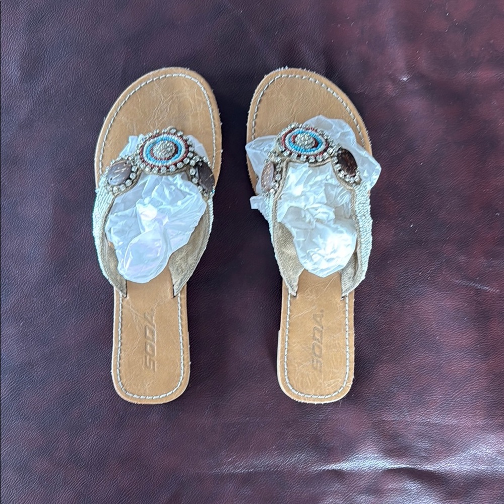 Soda Tan and Brown Sandals with Decorative Elements